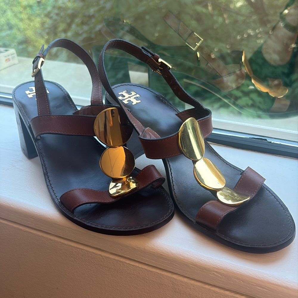Tory Burch Patos Multi Disk Brown Leather Sandals size 9